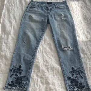 Light Blue Straight Leg Jeans with Dark Blue Floral Embroidery